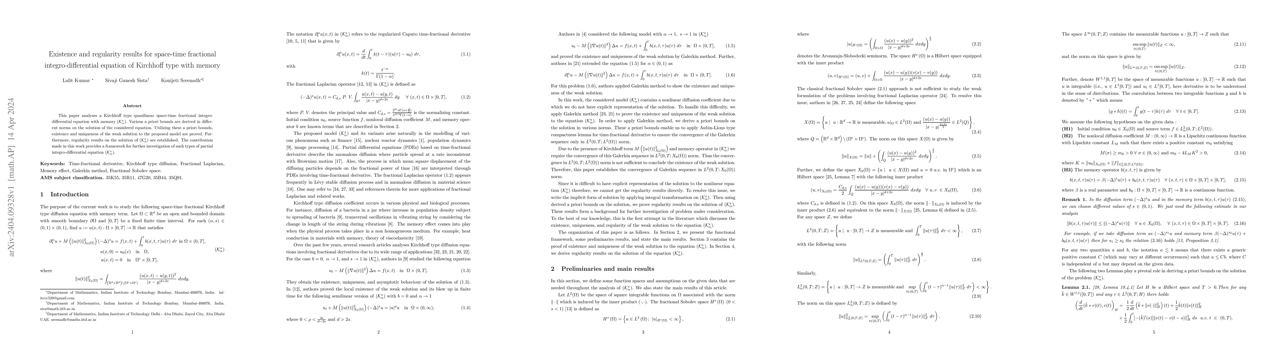 Thumbnail for Existence and regularity results for space-time fractional
  integro-differential equation of Kirchhoff type with memory