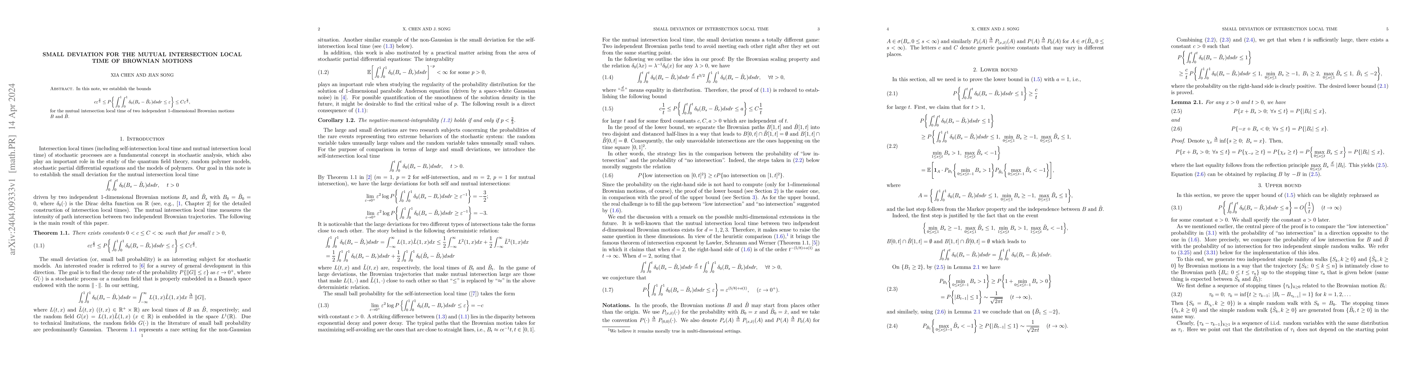 Thumbnail for Small deviation for the mutual intersection local time of Brownian
  motions