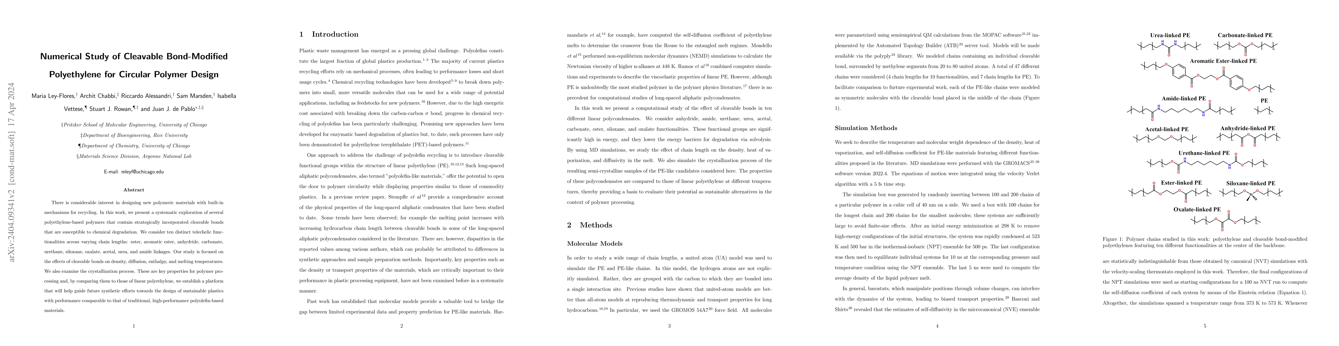Thumbnail for Numerical Study of Cleavable Bond-Modified Polyethylene for Circular
  Polymer Design