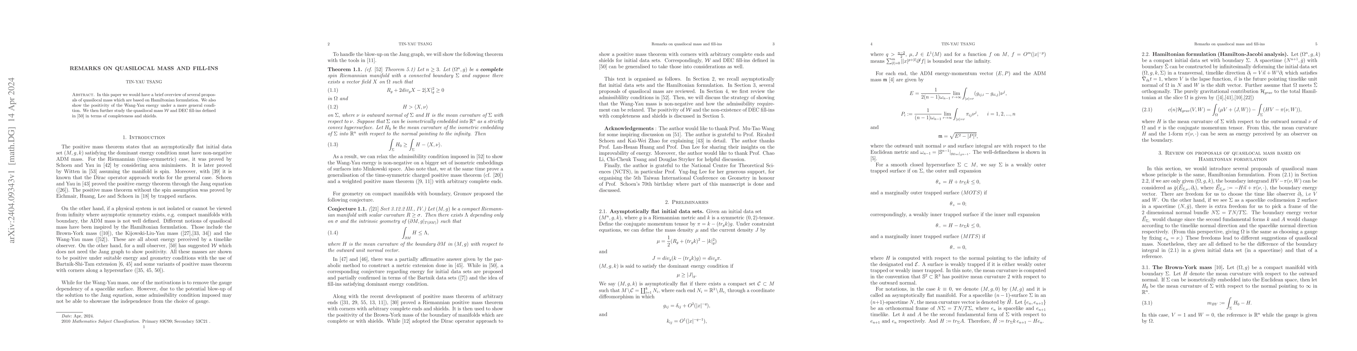 Thumbnail for Remarks on quasilocal mass and fill-ins