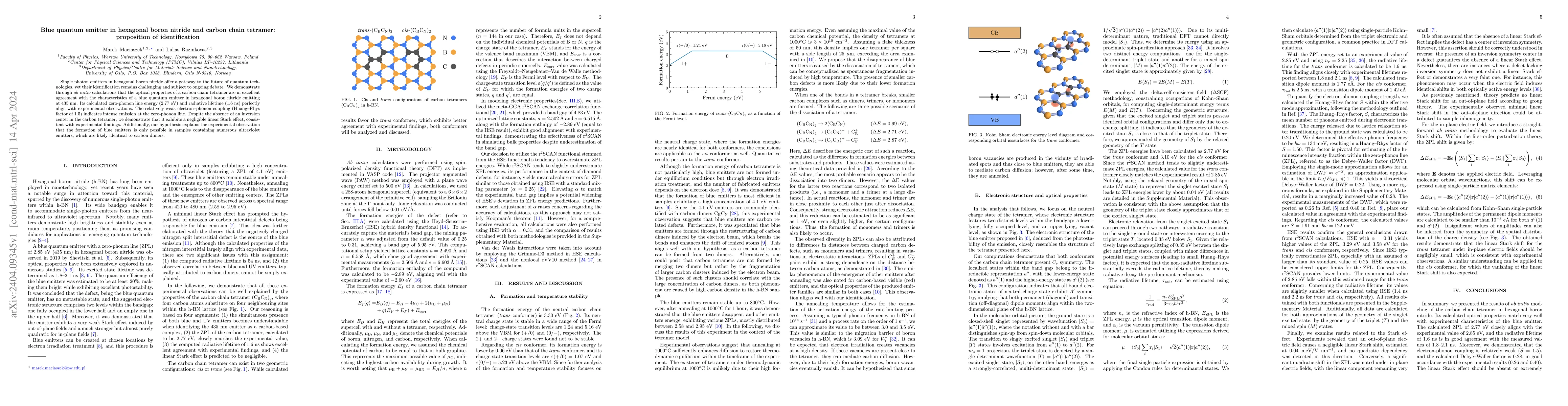 Thumbnail for Blue quantum emitter in hexagonal boron nitride and carbon chain
  tetramer: proposition of identification