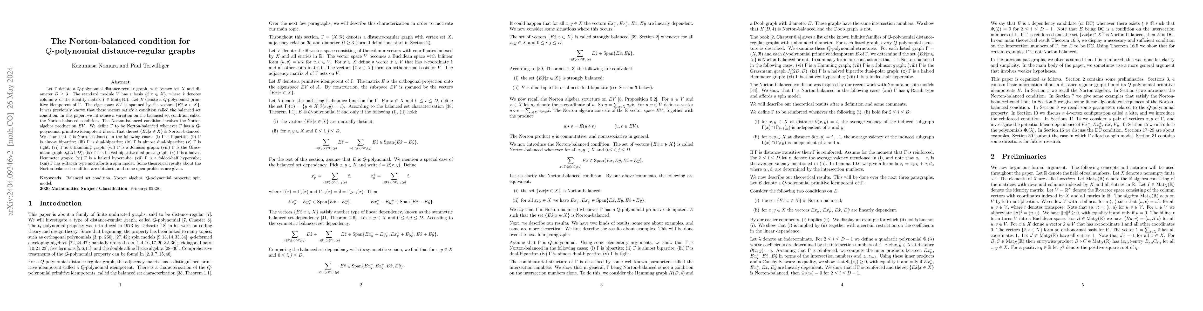 Thumbnail for The Norton-balanced condition for $Q$-polynomial distance-regular graphs