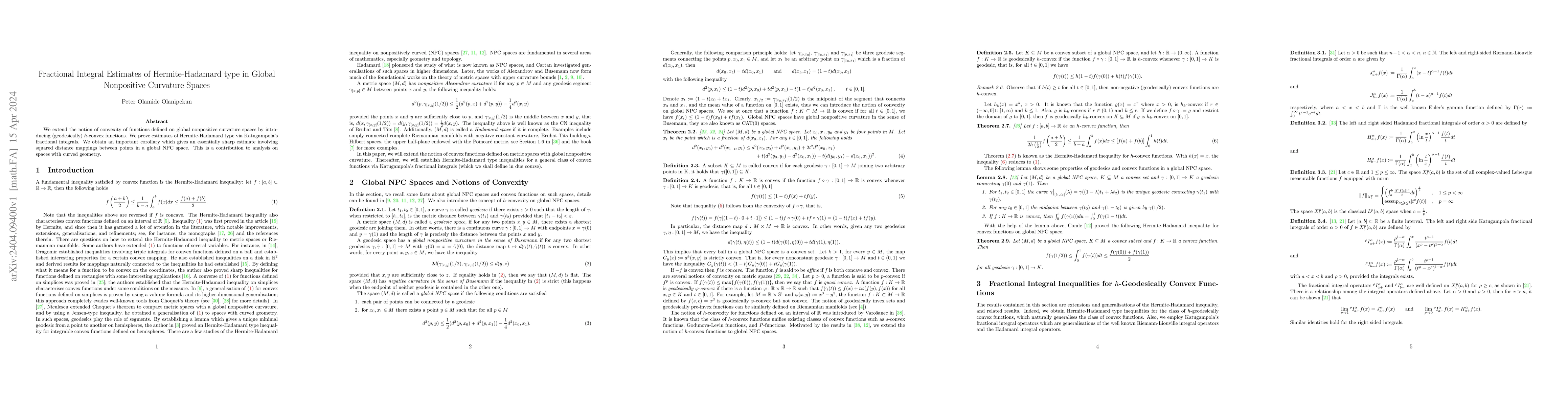Thumbnail for Fractional Integral Estimates of Hermite-Hadamard type in Global
  Nonpositive Curvature Spaces