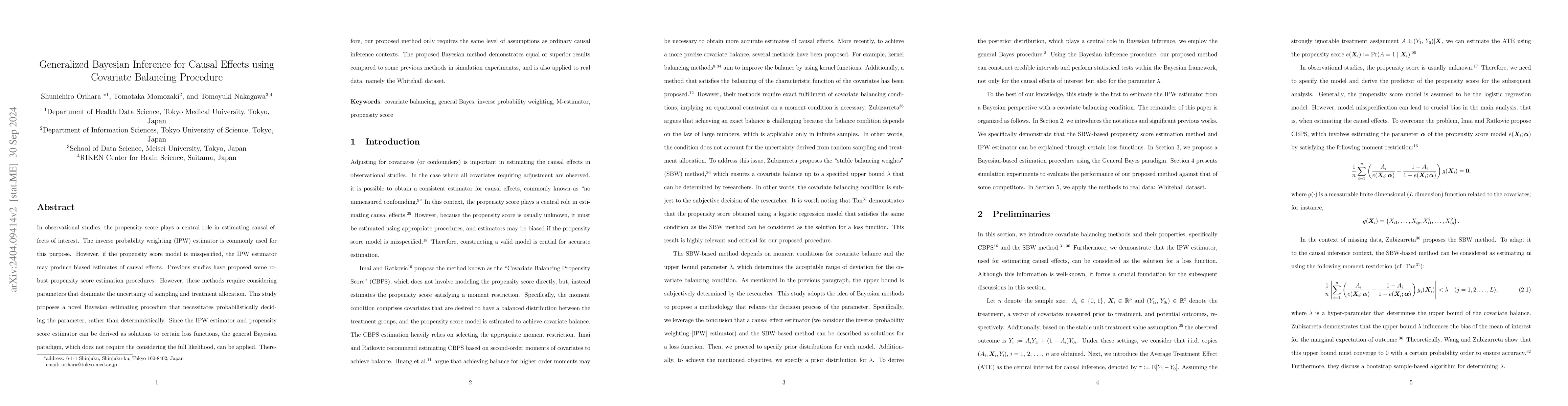 Thumbnail for General Bayesian inference for causal effects using covariate balancing
  procedure