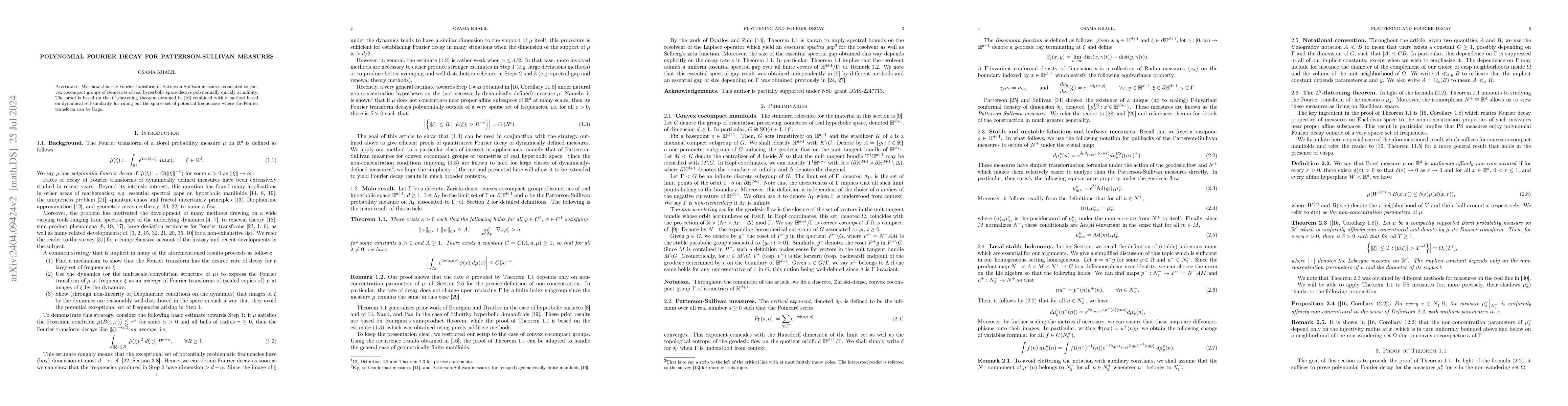 Thumbnail for Polynomial Fourier Decay For Patterson-Sullivan Measures