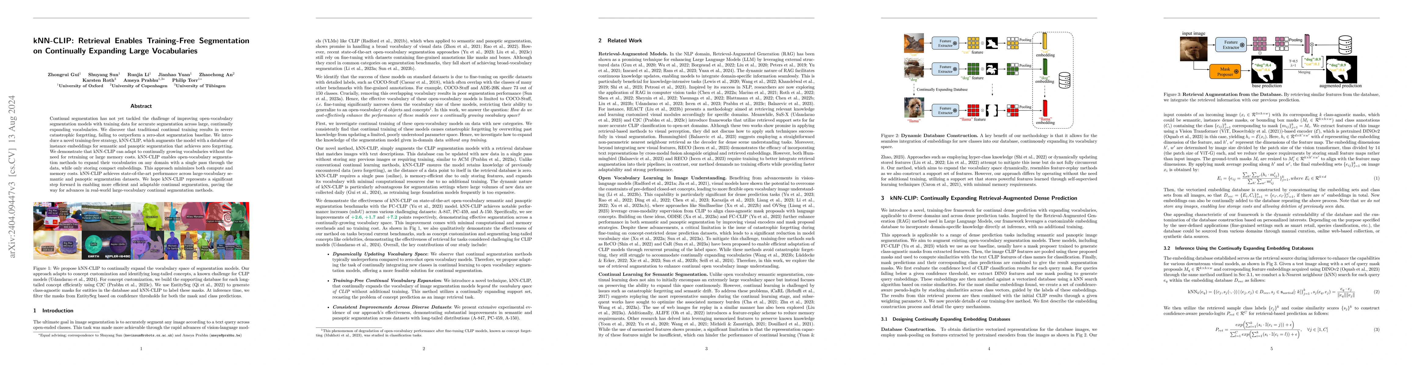 Thumbnail for kNN-CLIP: Retrieval Enables Training-Free Segmentation on Continually
  Expanding Large Vocabularies