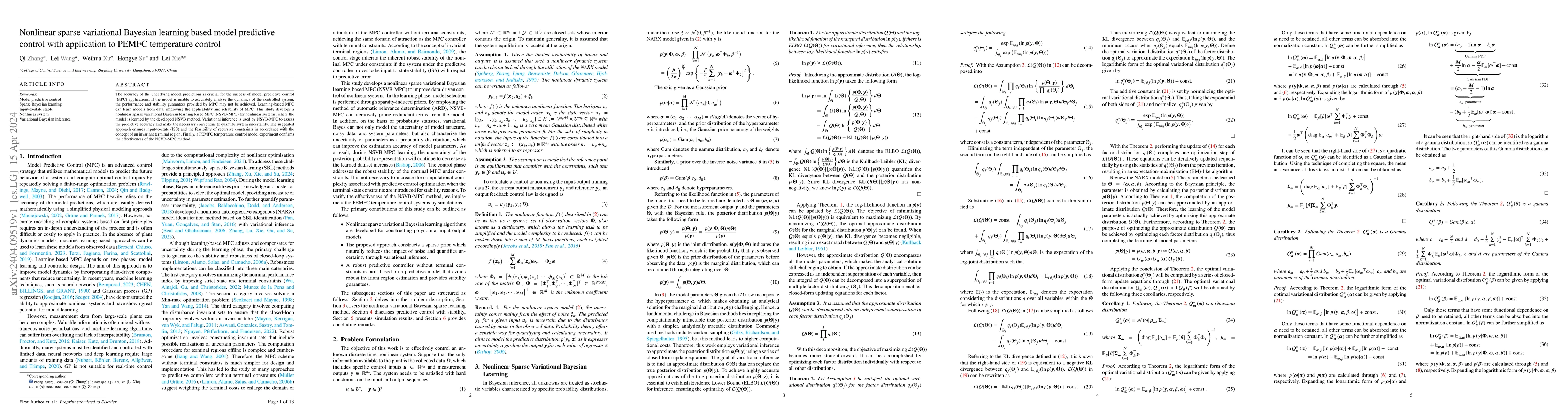 Thumbnail for Nonlinear sparse variational Bayesian learning based model predictive
  control with application to PEMFC temperature control