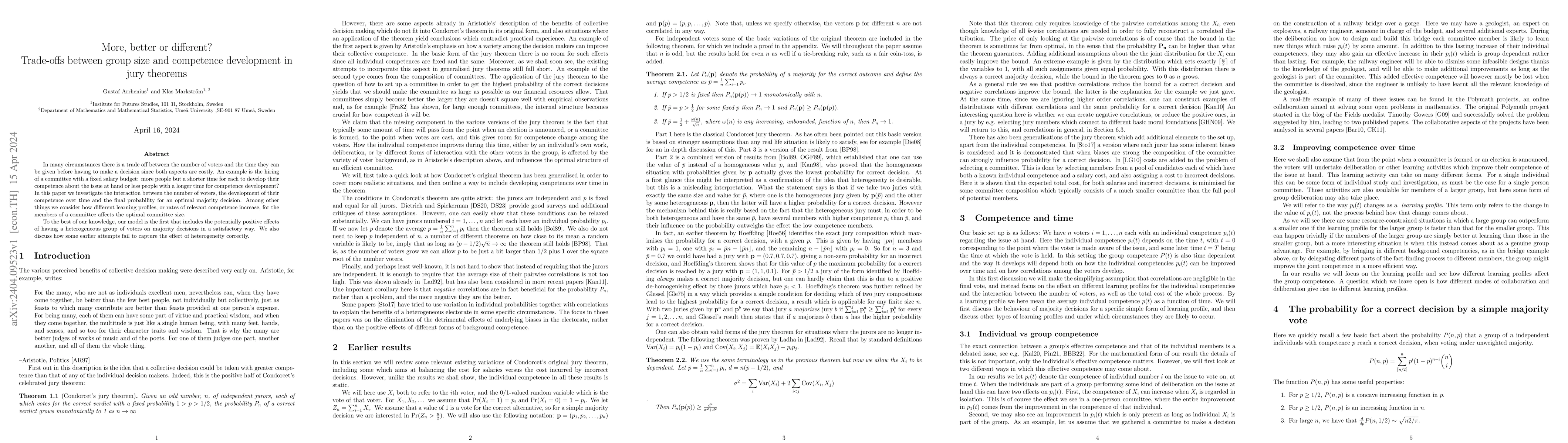 Thumbnail for More, better or different? Trade-offs between group size and competence
  development in jury theorems