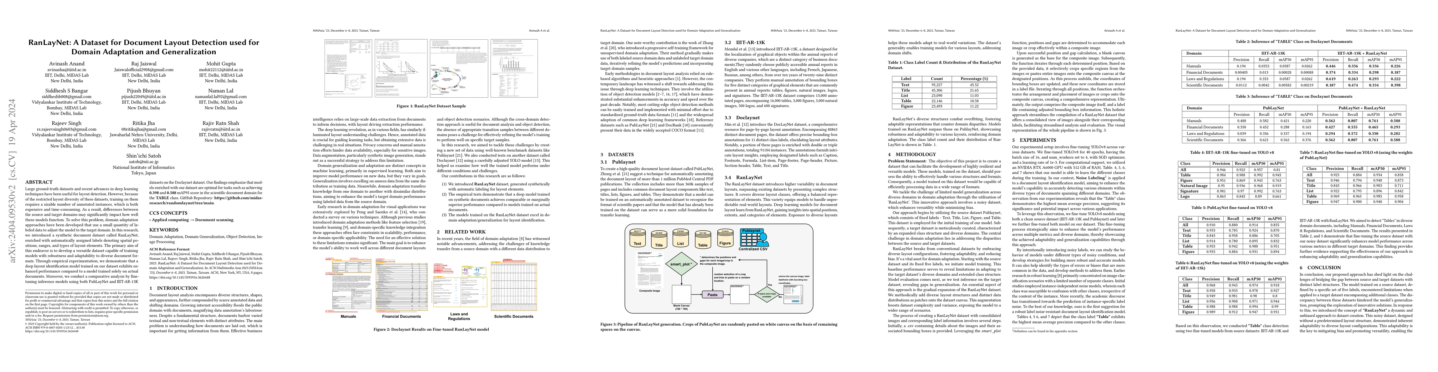 Thumbnail for RanLayNet: A Dataset for Document Layout Detection used for Domain
  Adaptation and Generalization