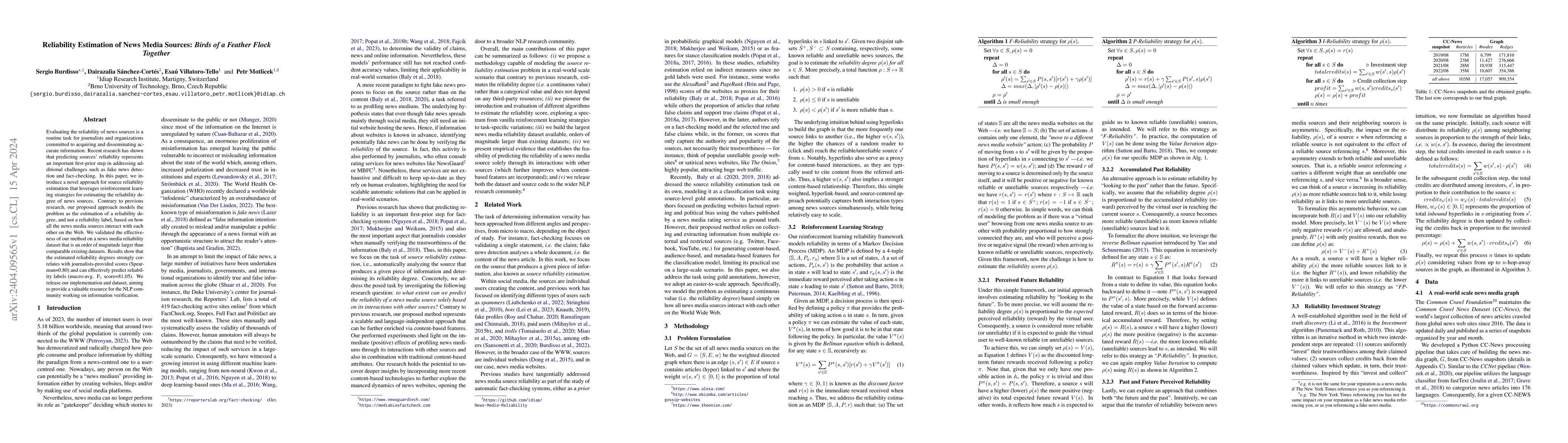 Thumbnail for Reliability Estimation of News Media Sources: Birds of a Feather Flock
  Together