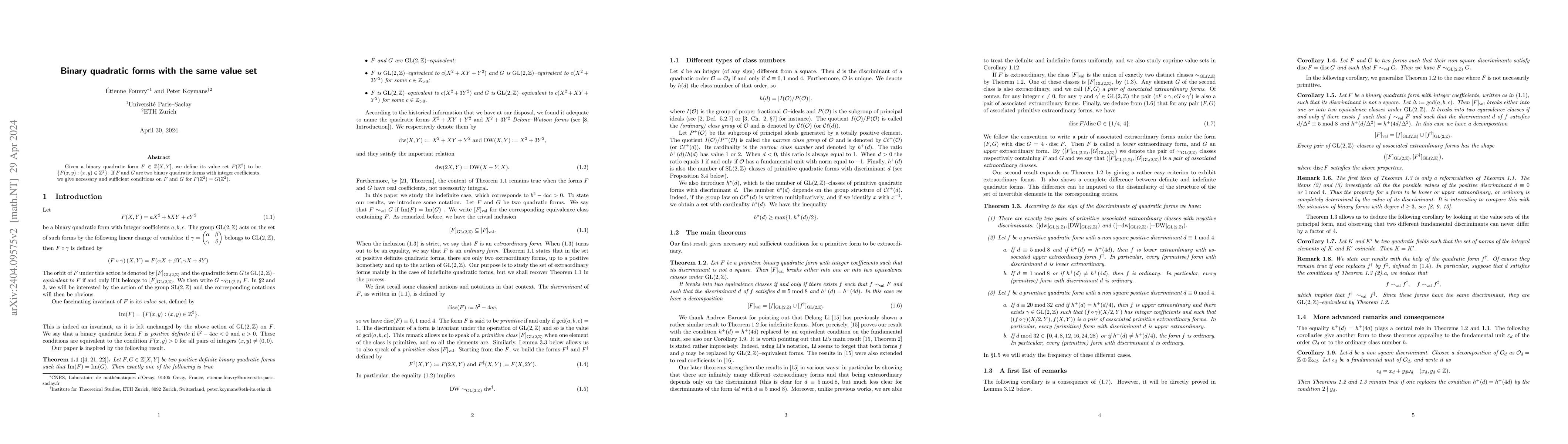 Thumbnail for Binary quadratic forms with the same value set