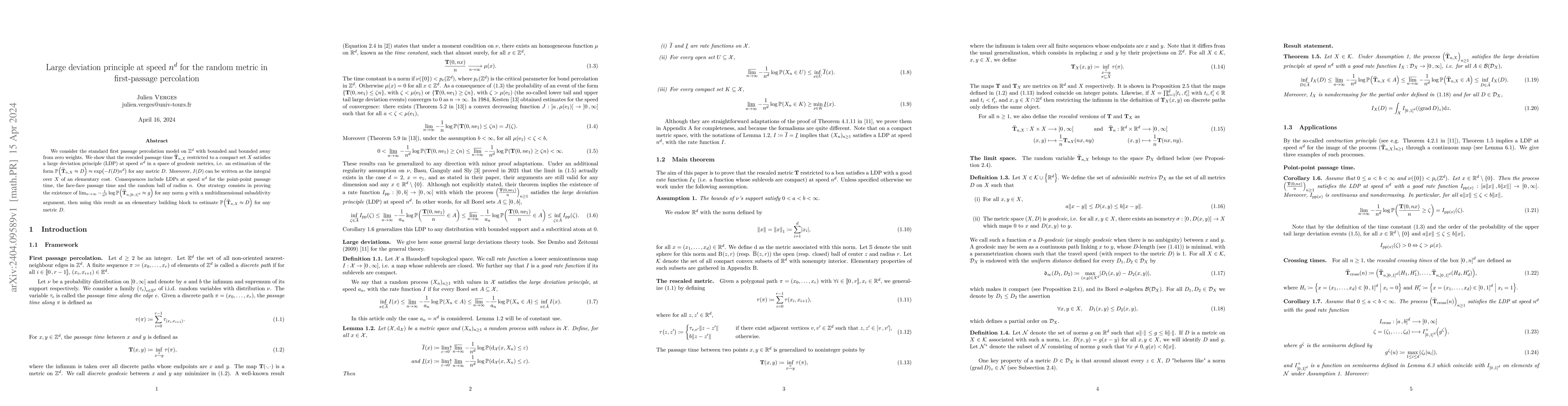 Thumbnail for Large deviation principle at speed $n^d$ for the random metric in
  first-passage percolation