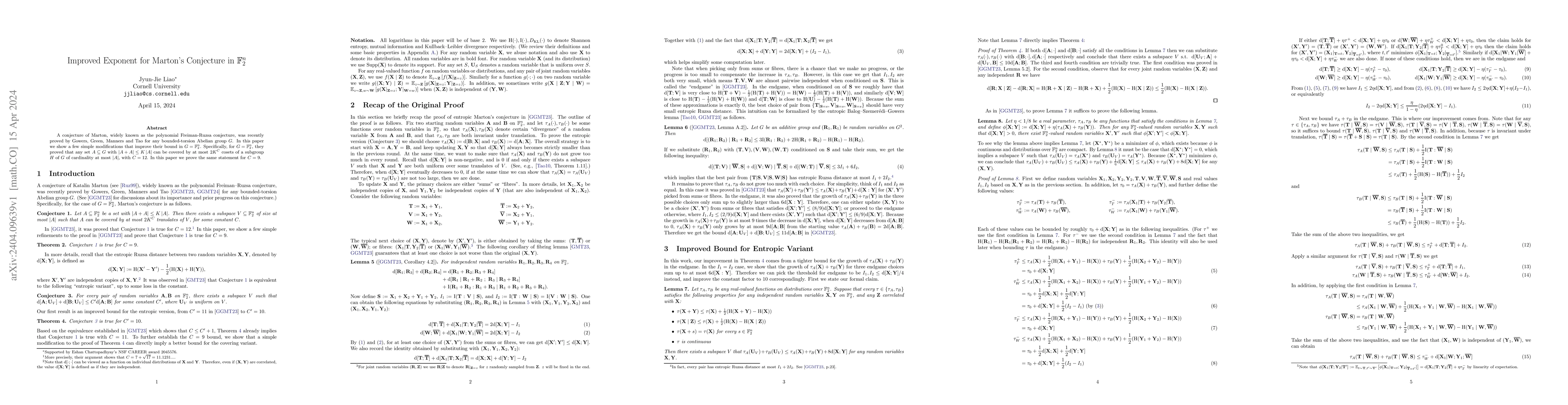 Thumbnail for Improved Exponent for Marton's Conjecture in $\mathbb{F}_2^n$