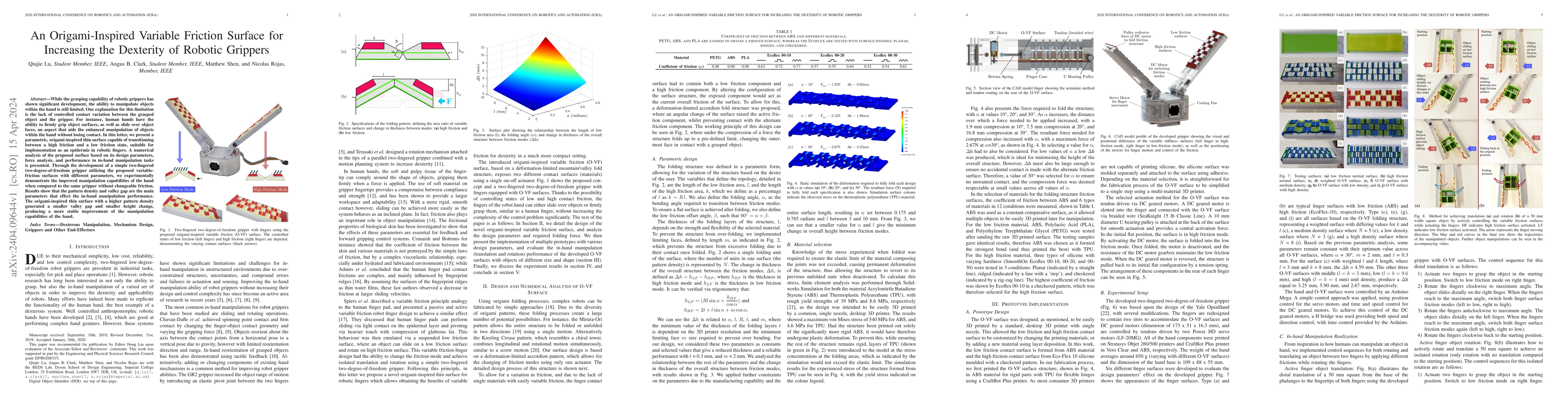 Thumbnail for An Origami-Inspired Variable Friction Surface for Increasing the
  Dexterity of Robotic Grippers