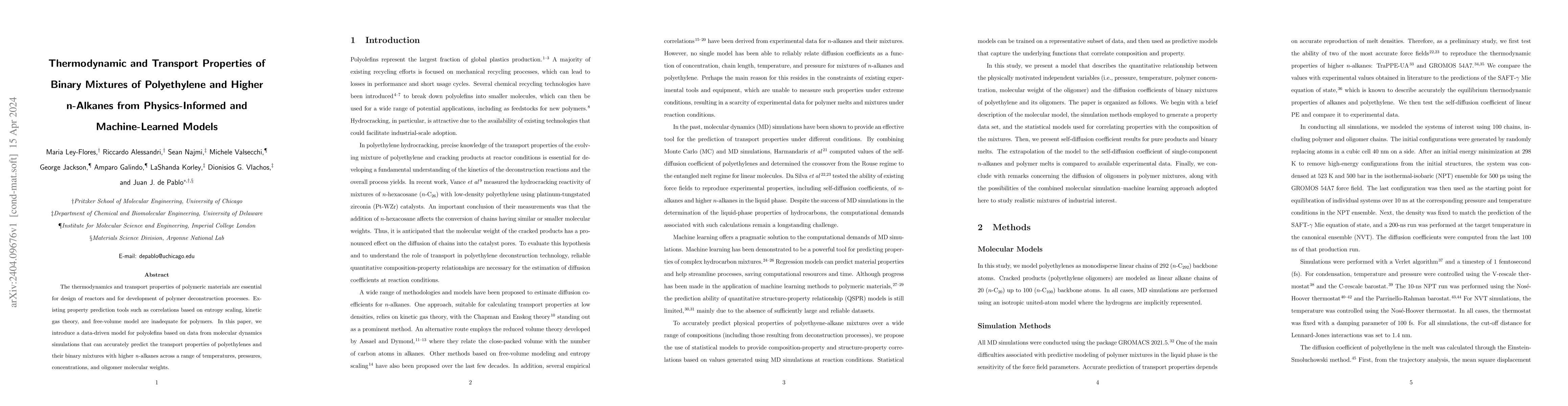 Thumbnail for Thermodynamic and Transport Properties of Binary Mixtures of
  Polyethylene and Higher n-Alkanes from Physics-Informed and Machine-Learned
  Models