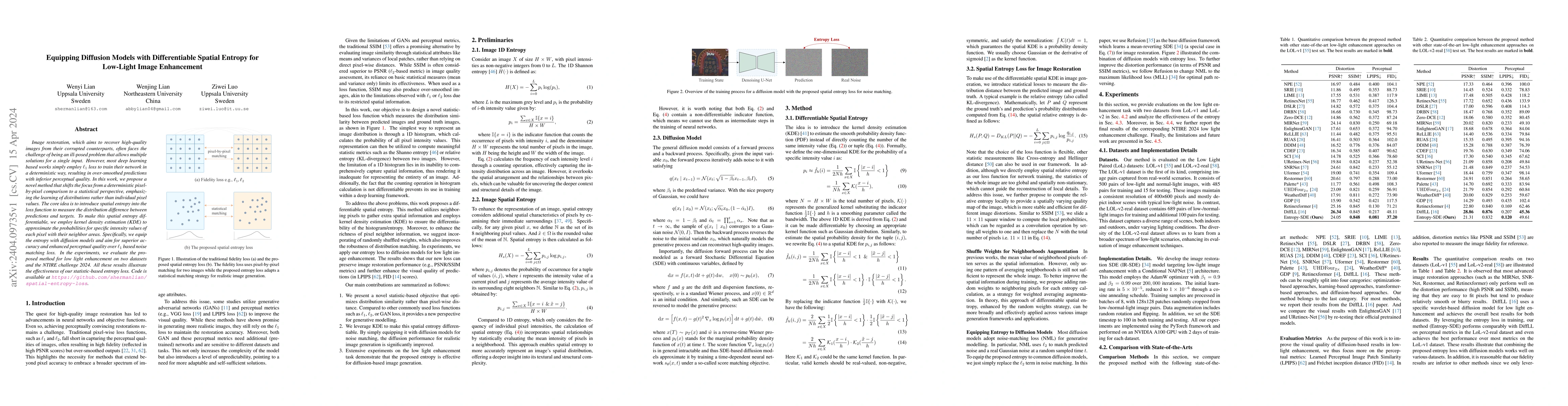 Thumbnail for Equipping Diffusion Models with Differentiable Spatial Entropy for
  Low-Light Image Enhancement