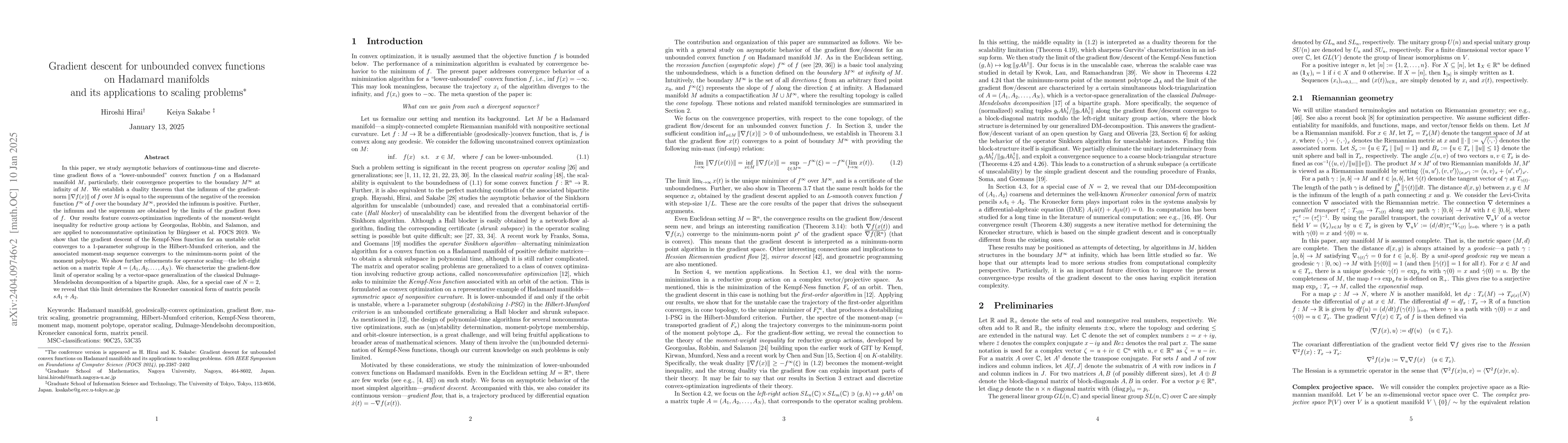 Thumbnail for Gradient descent for unbounded convex functions on Hadamard manifolds
  and its applications to scaling problems