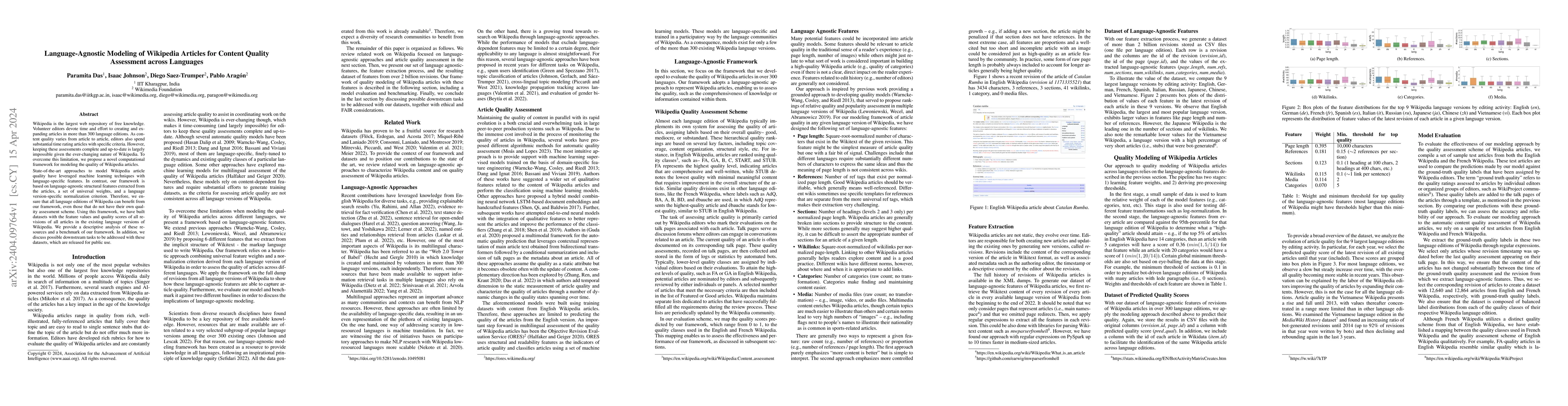 Thumbnail for Language-Agnostic Modeling of Wikipedia Articles for Content Quality
  Assessment across Languages