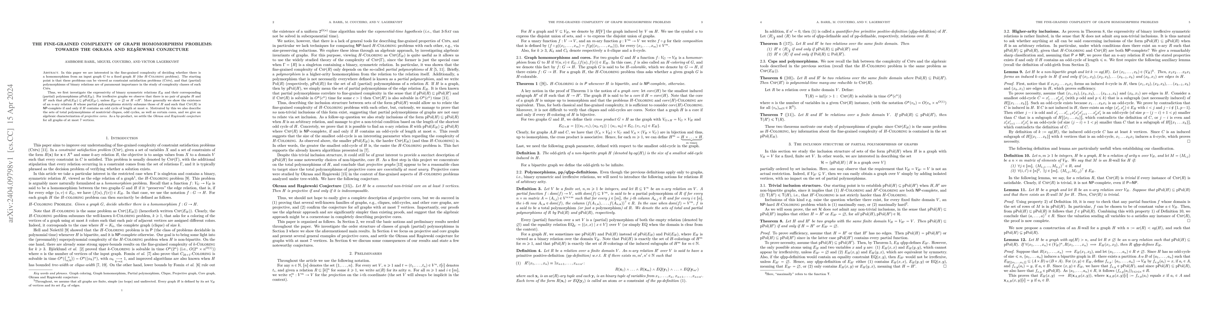 Thumbnail for The Fine-Grained Complexity of Graph Homomorphism Problems: Towards the
  Okrasa and Rz\k{a}\.zewski Conjecture