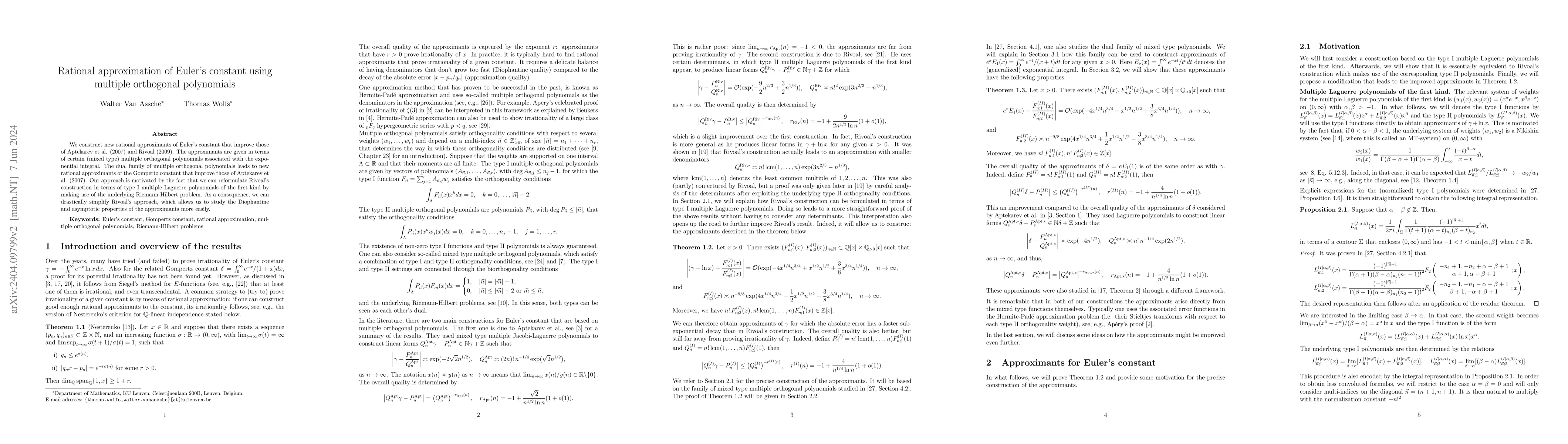 Thumbnail for Rational approximation of Euler's constant using multiple orthogonal
  polynomials