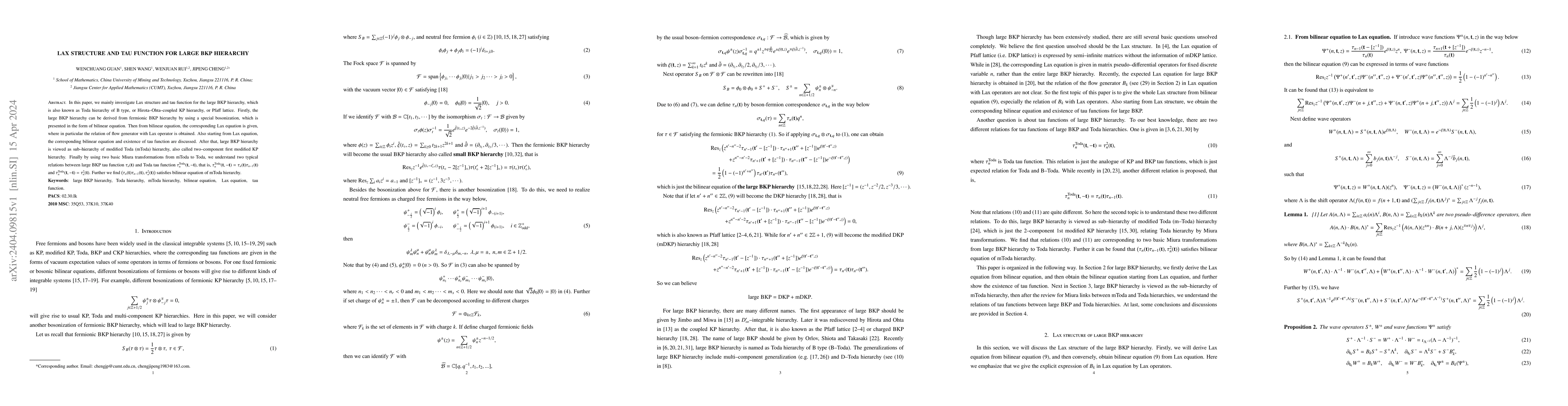 Thumbnail for Lax structure and tau function for large BKP hierarchy