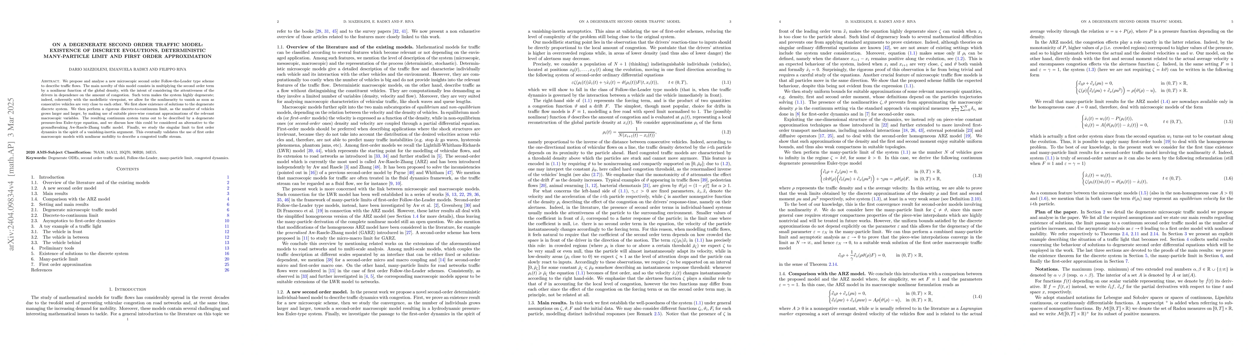 Thumbnail for On a degenerate second order traffic model: existence of discrete
  evolutions, deterministic many-particle limit and first order approximation