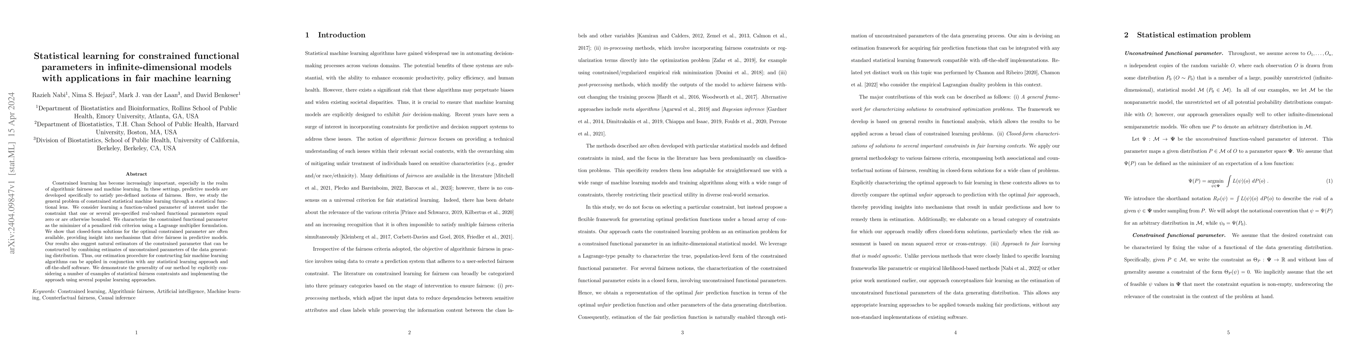 Thumbnail for Statistical learning for constrained functional parameters in
  infinite-dimensional models with applications in fair machine learning