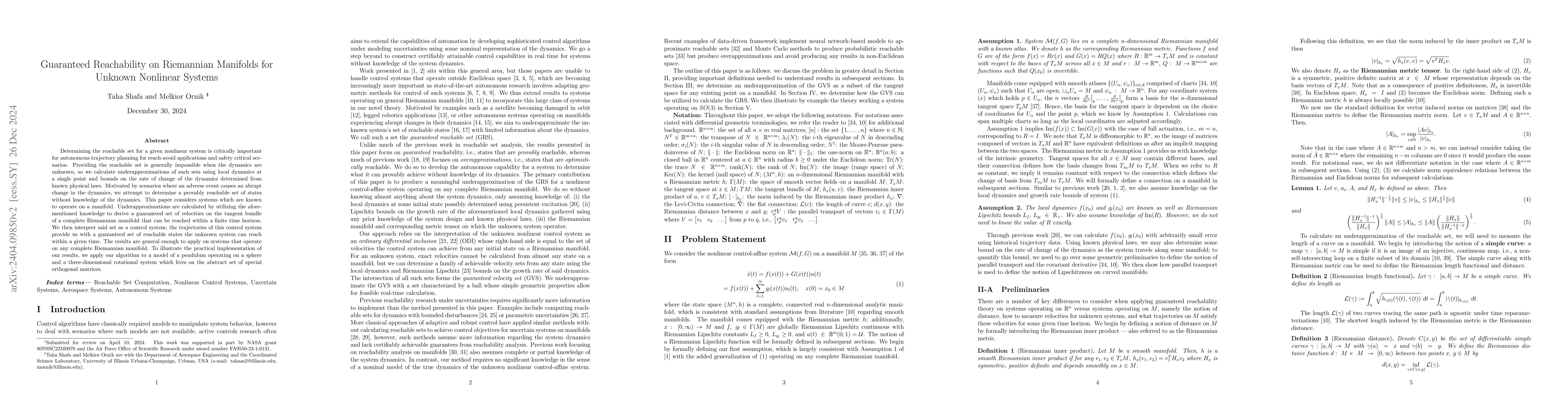 Thumbnail for Guaranteed Reachability on Riemannian Manifolds for Unknown Nonlinear
  Systems
