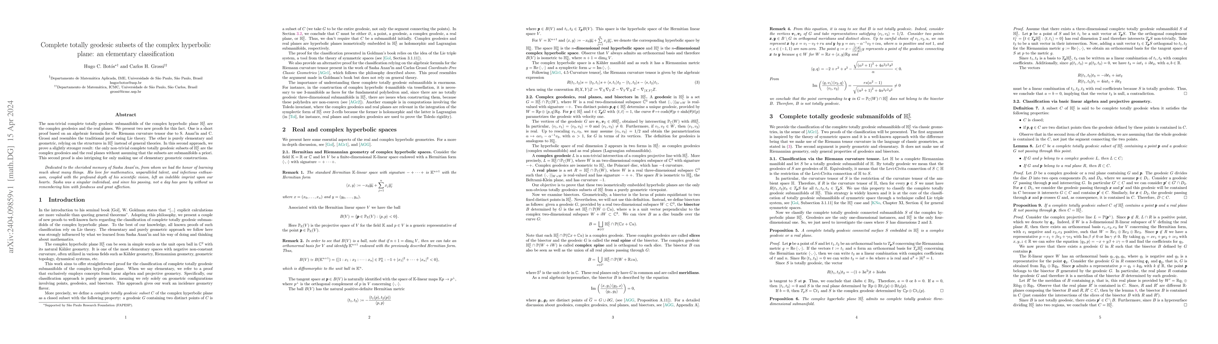 Thumbnail for Complete totally geodesic subsets of the complex hyperbolic plane: an
  elementary classification