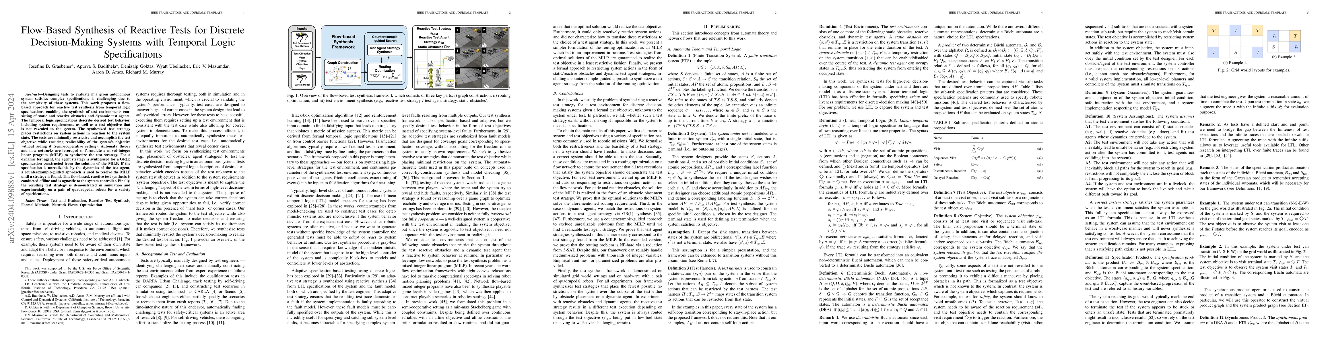Thumbnail for Flow-Based Synthesis of Reactive Tests for Discrete Decision-Making
  Systems with Temporal Logic Specifications