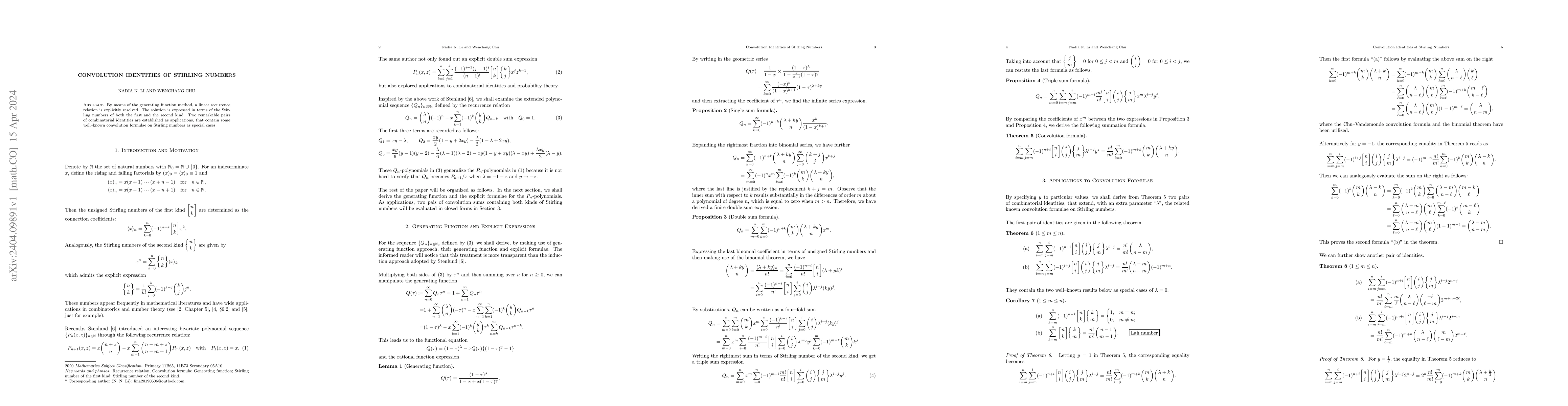 Thumbnail for Convolution Identities of Stirling Numbers