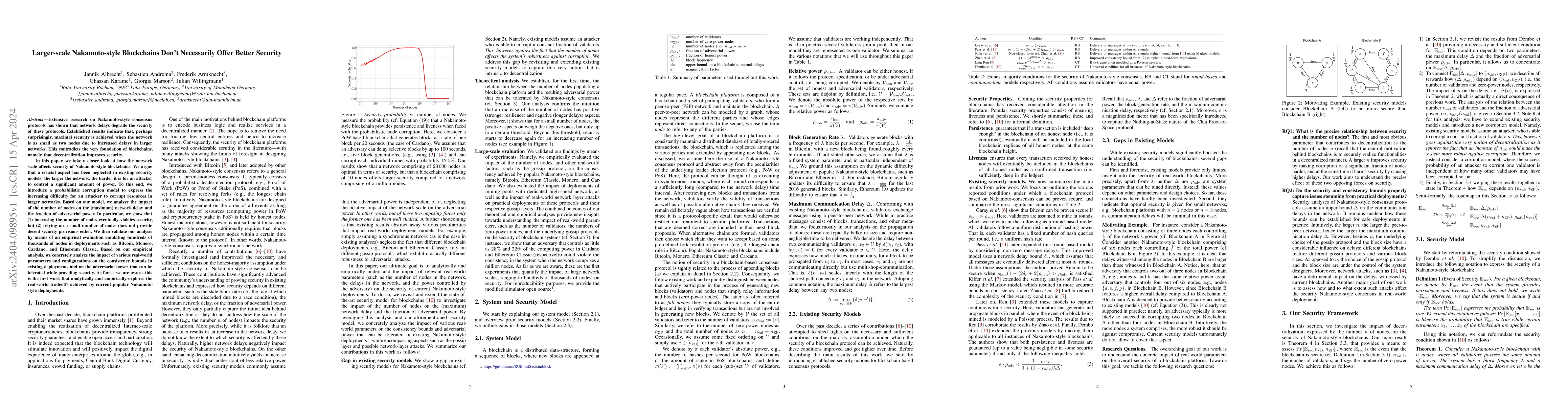 Thumbnail for Larger-scale Nakamoto-style Blockchains Don't Necessarily Offer Better
  Security