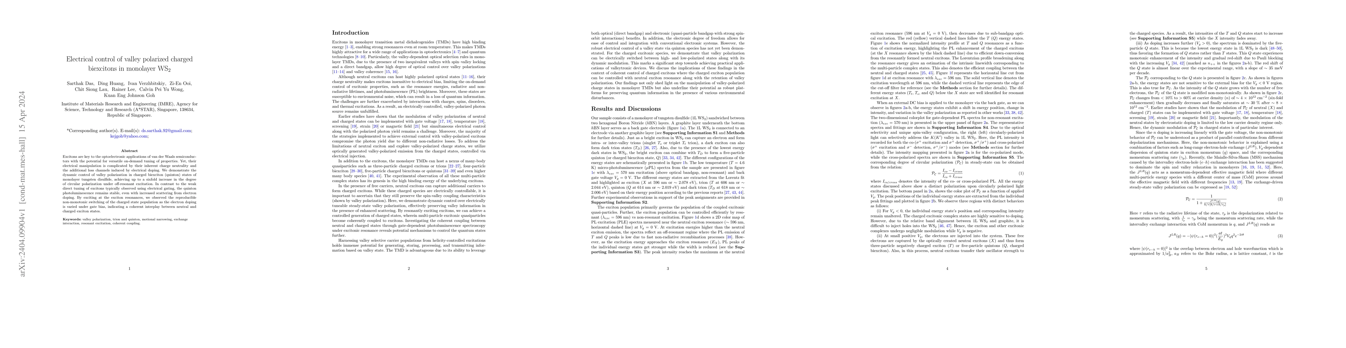Thumbnail for Electrical control of valley polarized charged biexcitons in monolayer
  WS$_2$