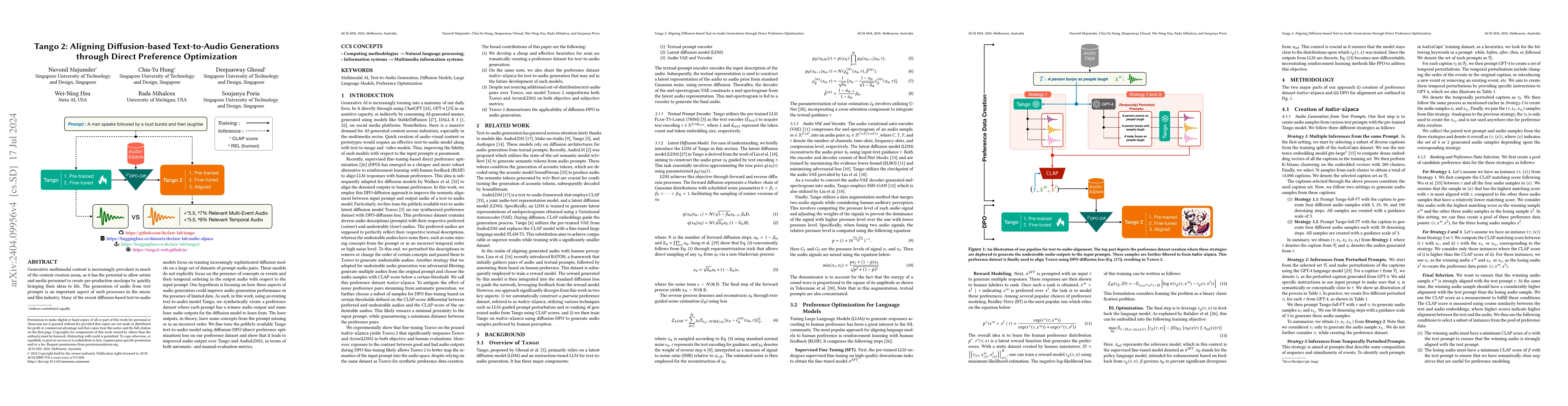 Thumbnail for Tango 2: Aligning Diffusion-based Text-to-Audio Generations through
  Direct Preference Optimization