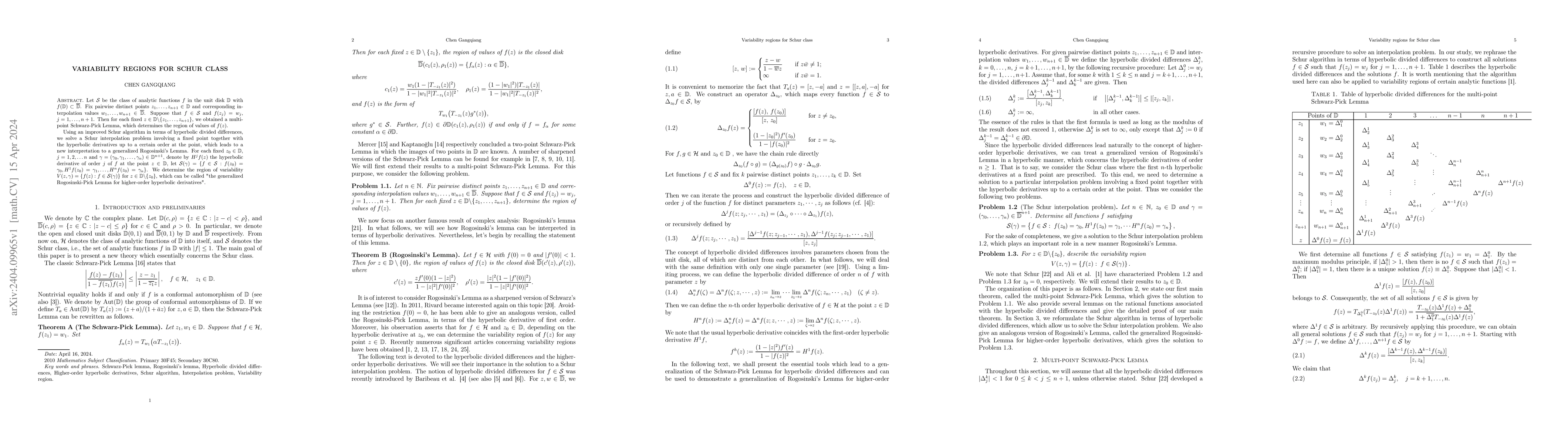 Thumbnail for Variability regions for Schur class