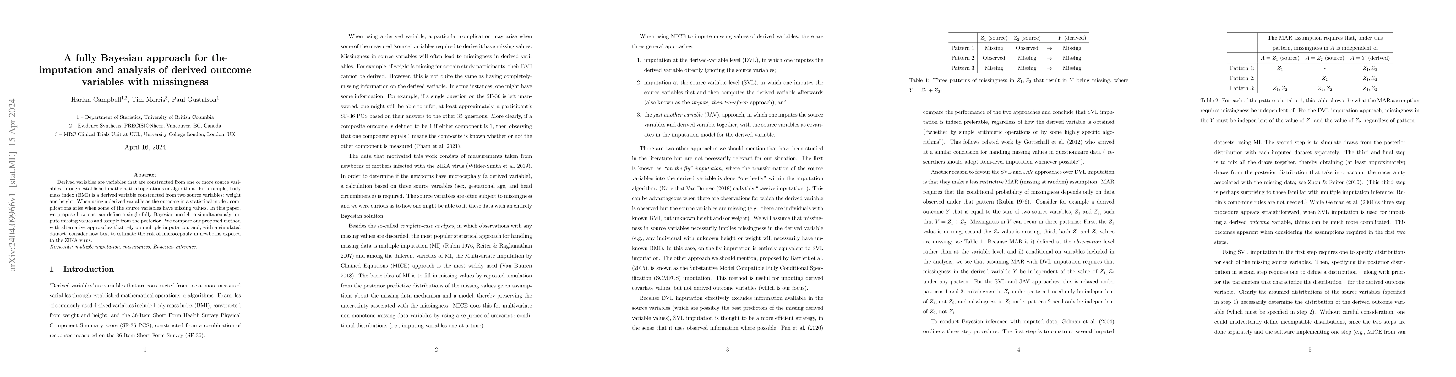 Thumbnail for A fully Bayesian approach for the imputation and analysis of derived
  outcome variables with missingness