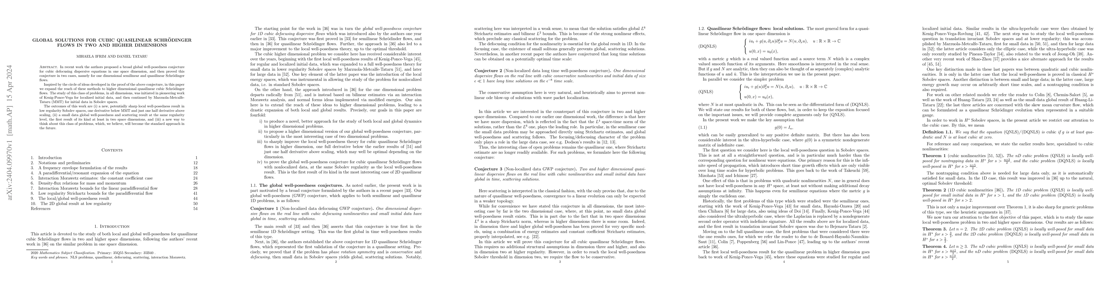 Thumbnail for Global solutions for cubic quasilinear Schroedinger flows in two and
  higher dimensions