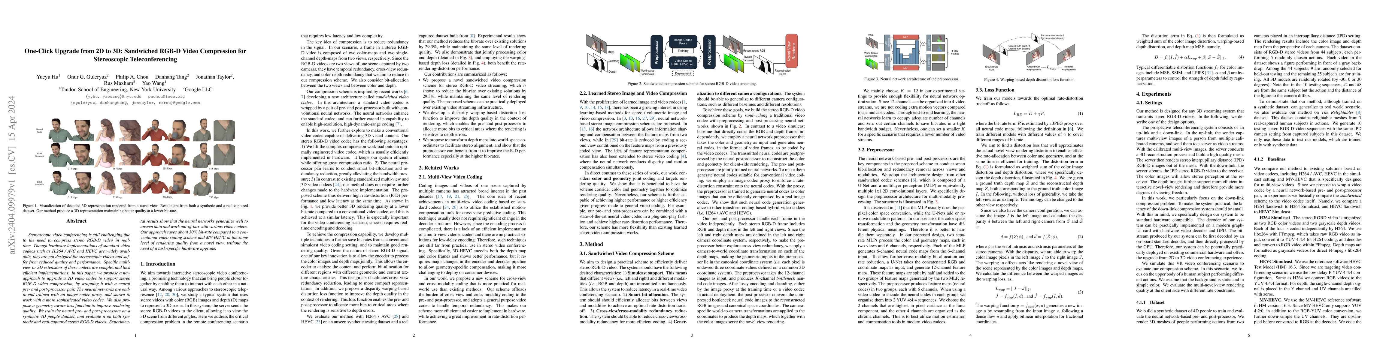 Thumbnail for One-Click Upgrade from 2D to 3D: Sandwiched RGB-D Video Compression for
  Stereoscopic Teleconferencing