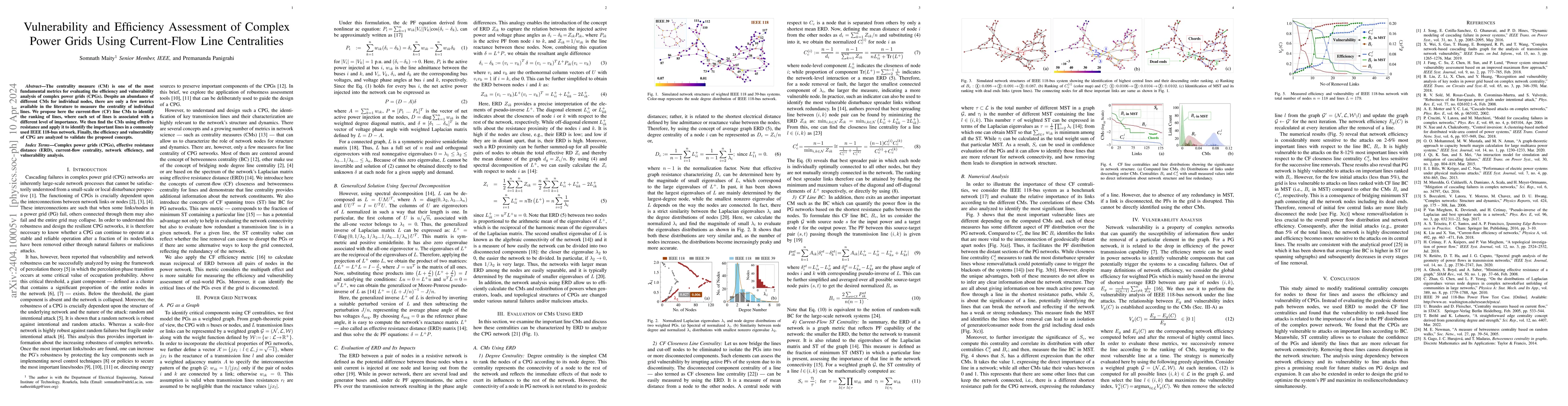 Thumbnail for Vulnerability and Efficiency Assessment of Complex Power Grids Using
  Current-Flow Line Centralities