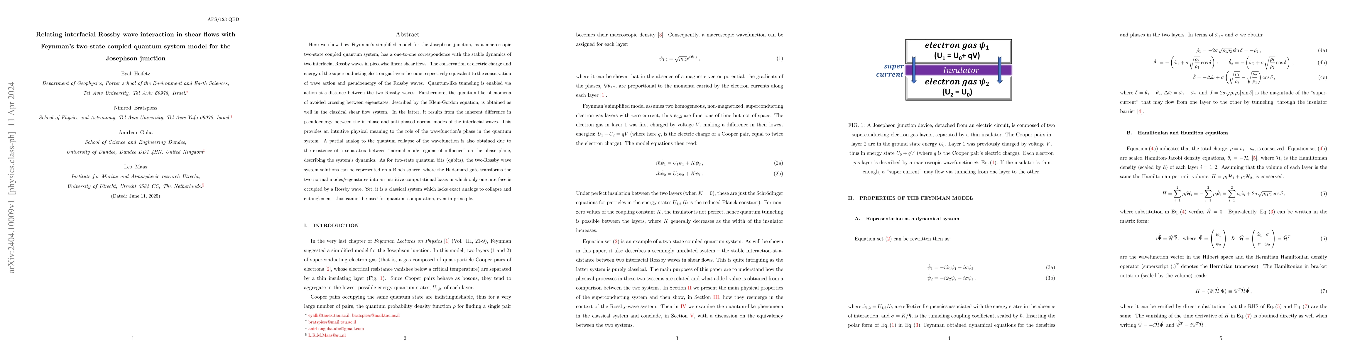 Thumbnail for Relating interfacial Rossby wave interaction in shear flows with
  Feynman's two-state coupled quantum system model for the Josephson junction