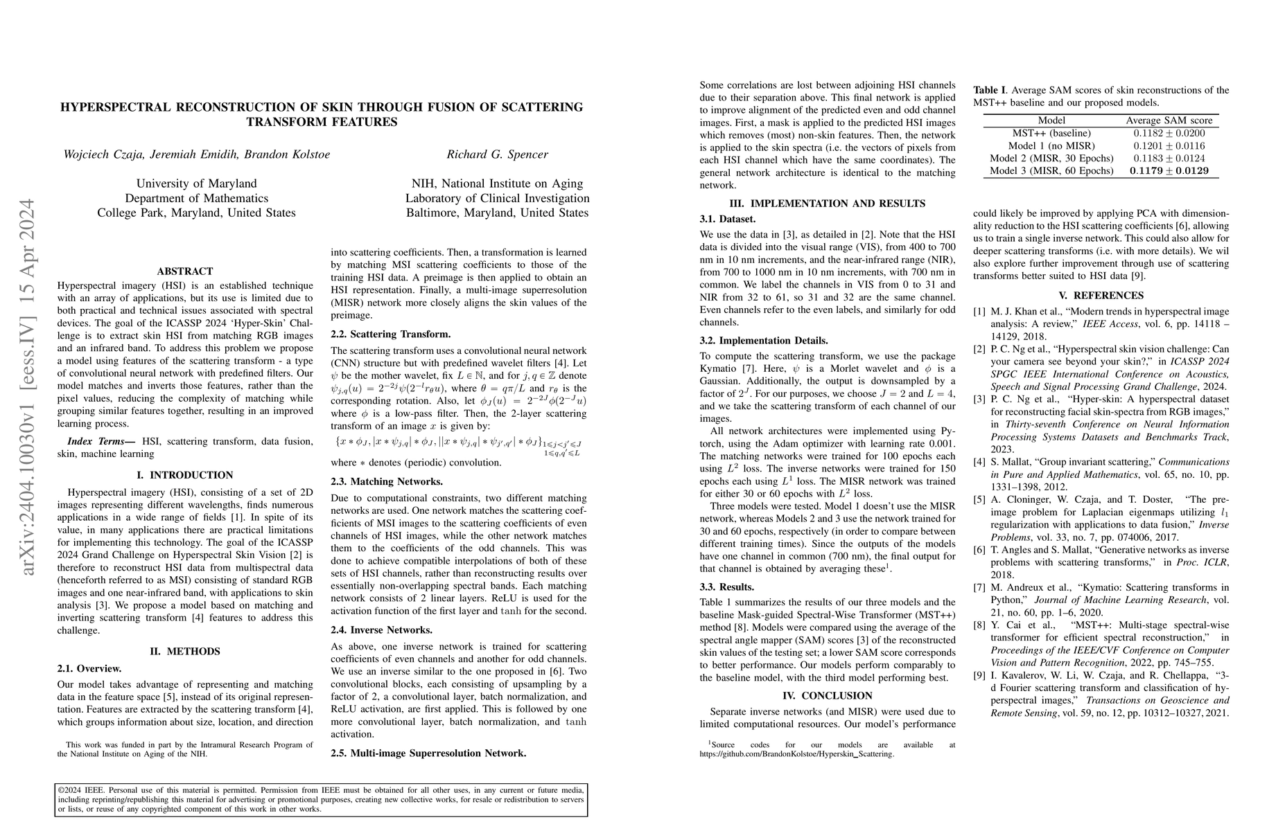 Thumbnail for Hyperspectral Reconstruction of Skin Through Fusion of Scattering
  Transform Features