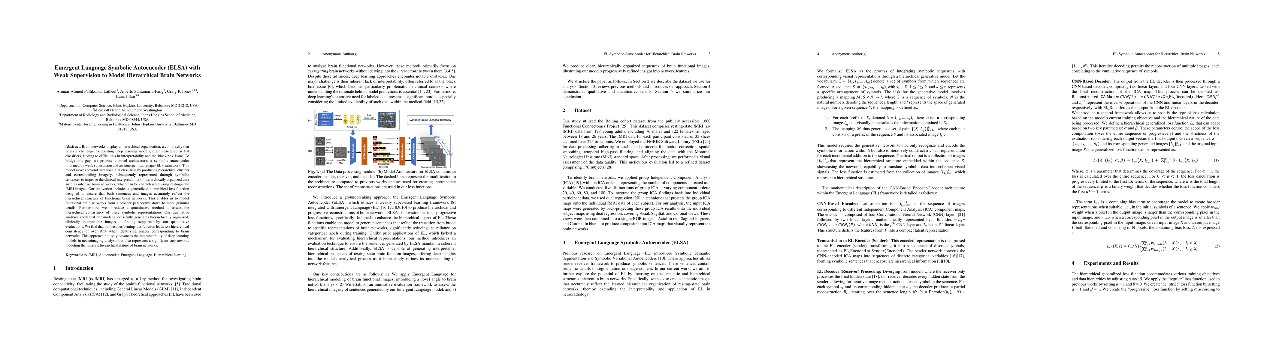 Thumbnail for Emergent Language Symbolic Autoencoder (ELSA) with Weak Supervision to
  Model Hierarchical Brain Networks