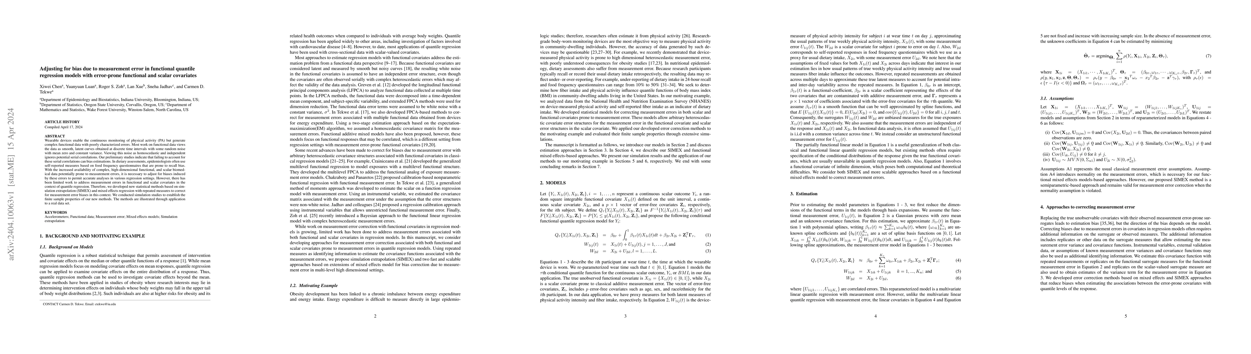 Thumbnail for Adjusting for bias due to measurement error in functional quantile
  regression models with error-prone functional and scalar covariates