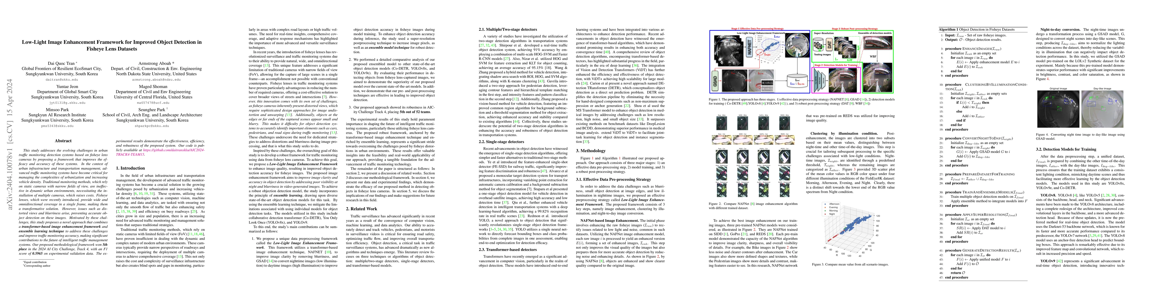 Thumbnail for Low-Light Image Enhancement Framework for Improved Object Detection in
  Fisheye Lens Datasets