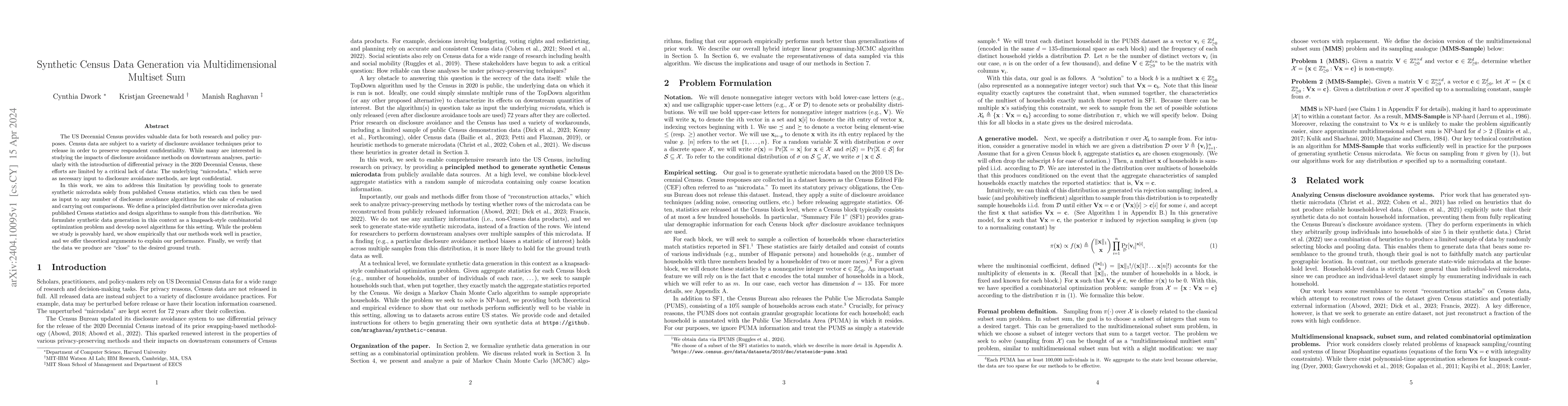 Thumbnail for Synthetic Census Data Generation via Multidimensional Multiset Sum