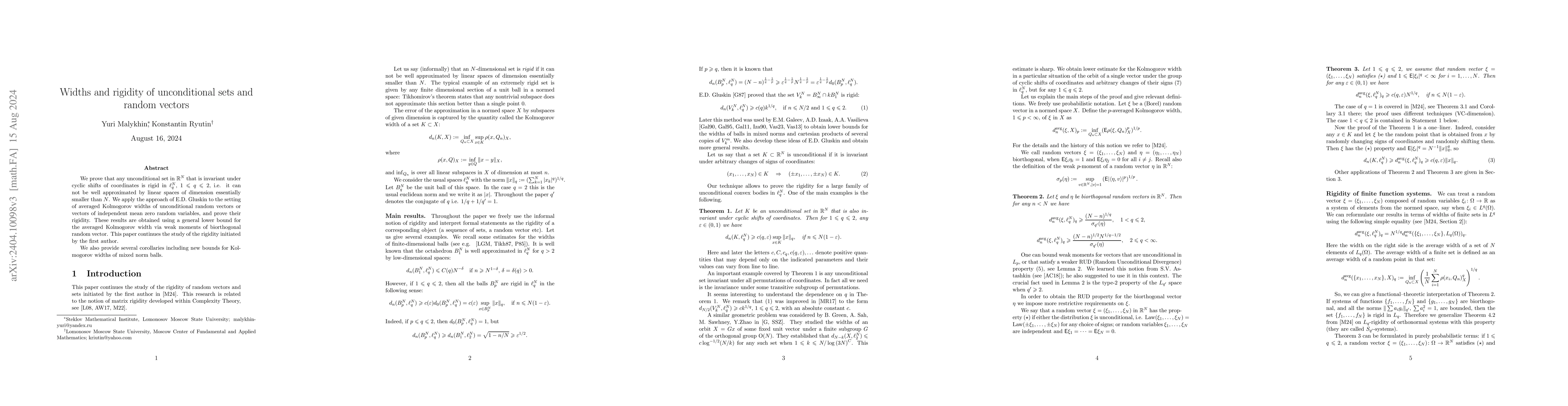 Thumbnail for Widths and rigidity of unconditional sets and random vectors