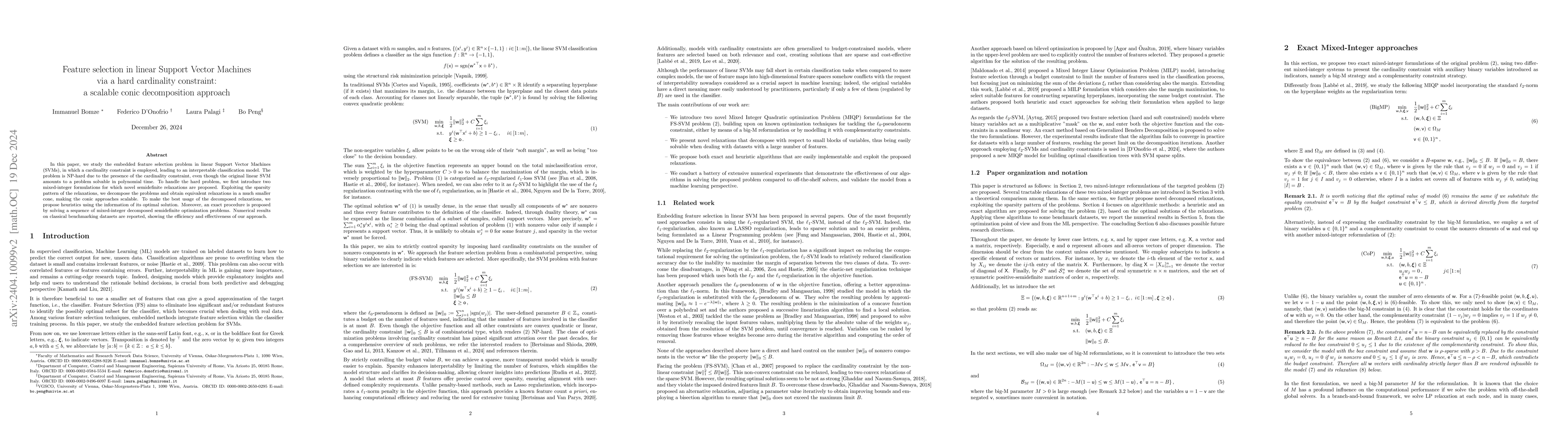 Thumbnail for Feature selection in linear SVMs via hard cardinality constraint: a
  scalable SDP decomposition approach
