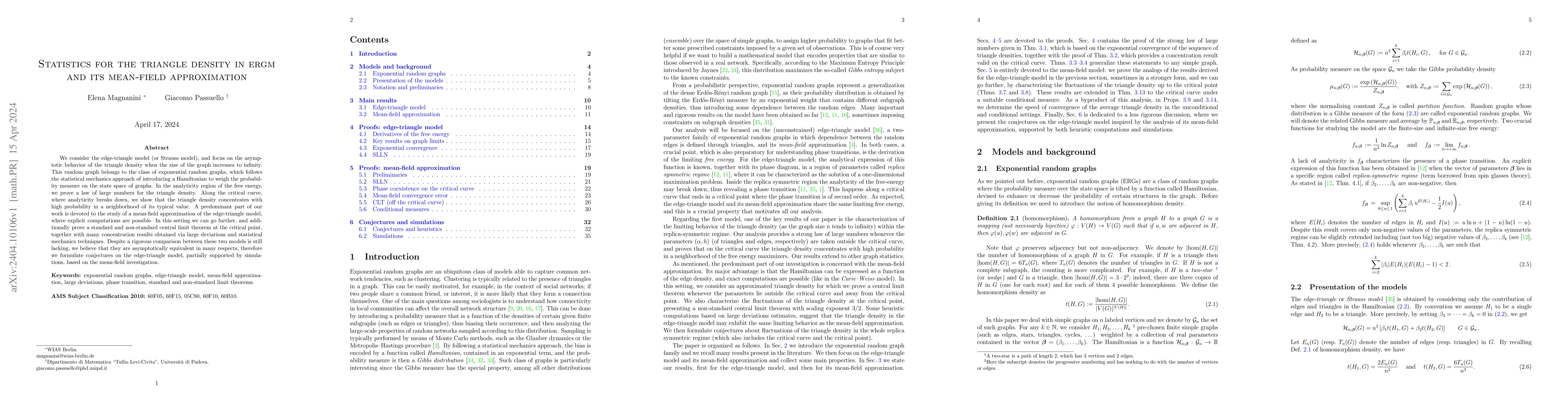 Thumbnail for Statistics for the triangle density in ERGM and its mean-field
  approximation