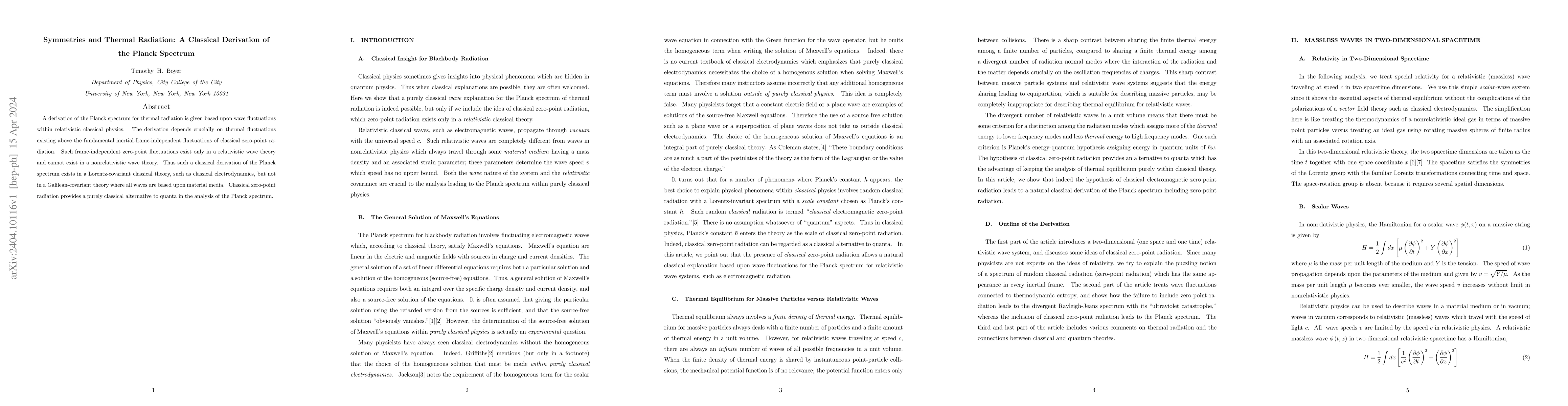 Thumbnail for Symmetries and Thermal Radiation: A Classical Derivation of the Planck
  Spectrum