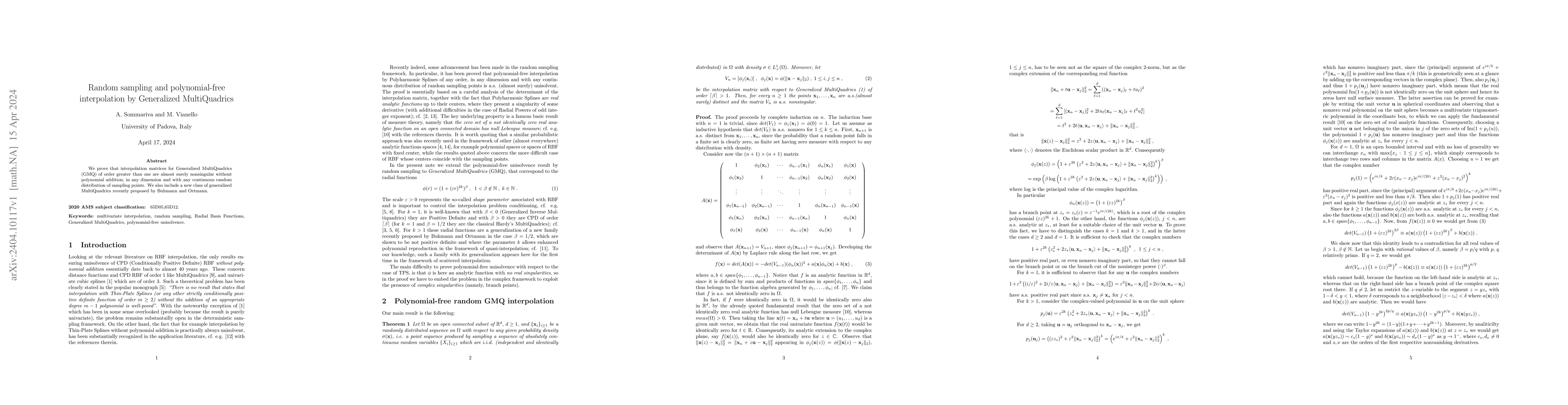 Thumbnail for Random sampling and polynomial-free interpolation by Generalized
  MultiQuadrics